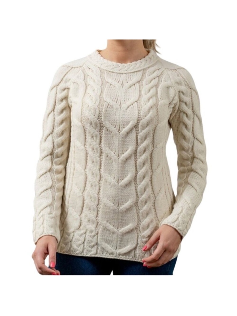 Aran 100% Merino Wool Made In Ireland Ecru CableKnit Sweater Size XS